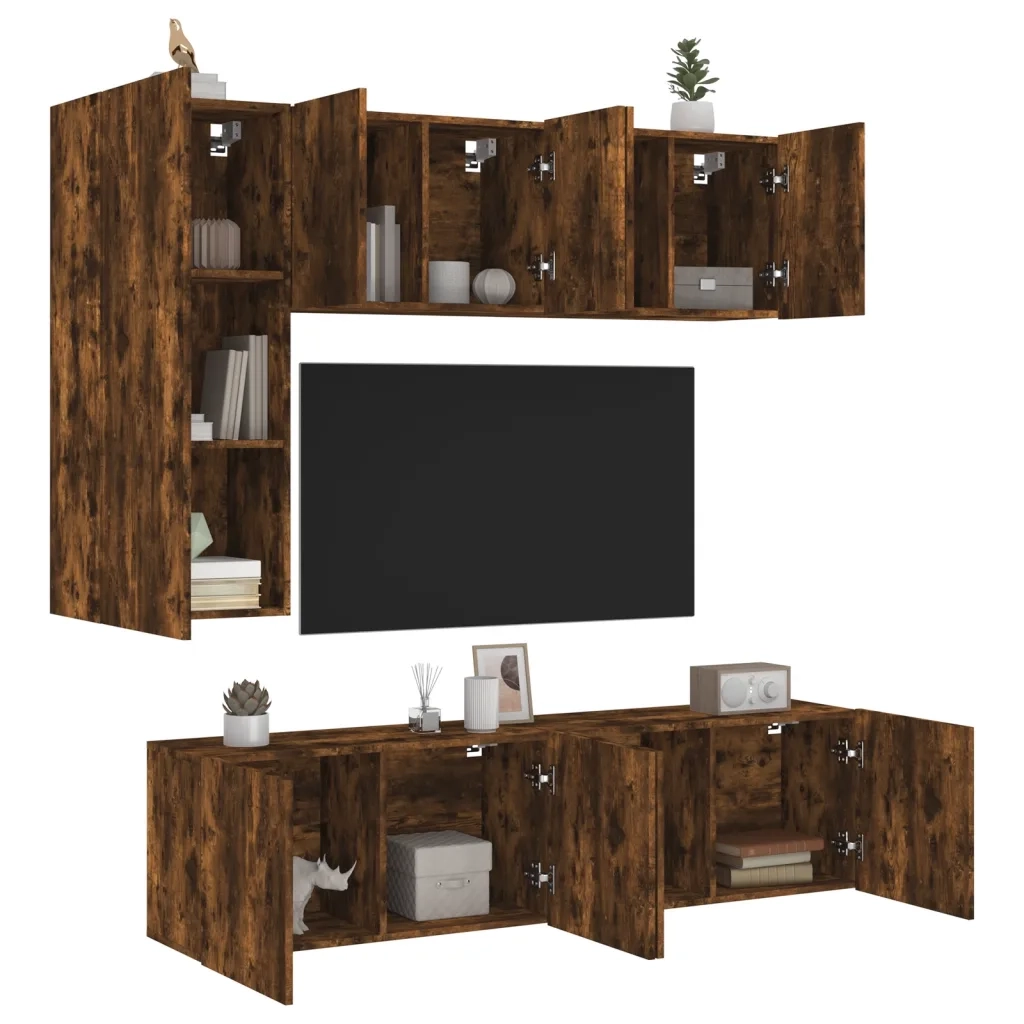 Mobili TV a Muro 5pz Rovere Fumo in Legno Multistrato