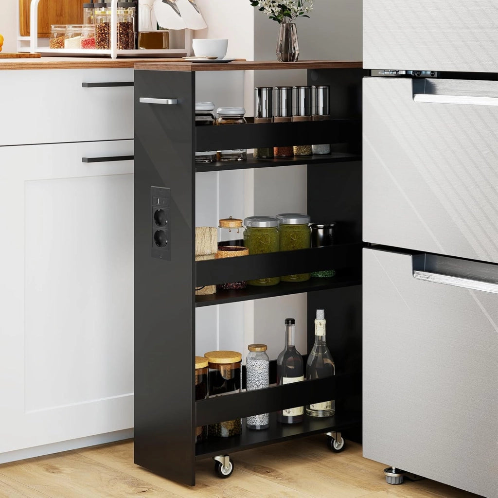 Carrello Portaoggetti a 4 Ripiani con Ruote Rirevoli a 360°, Carrellino Scorrevole con Maniglia Slim, da Bagno, Cucina, Lavanderia, 47,5 x 20 x 80,5 cm (Nero e Marrone, Con Presa)