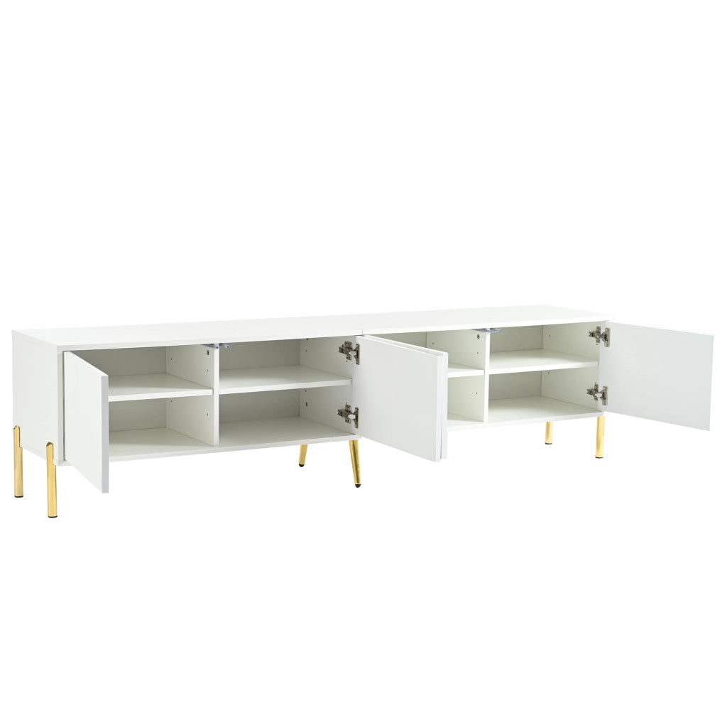 Mobile TV bianco 190x38x48 cm con 4 ante scanalate e piedini dorati in MDF