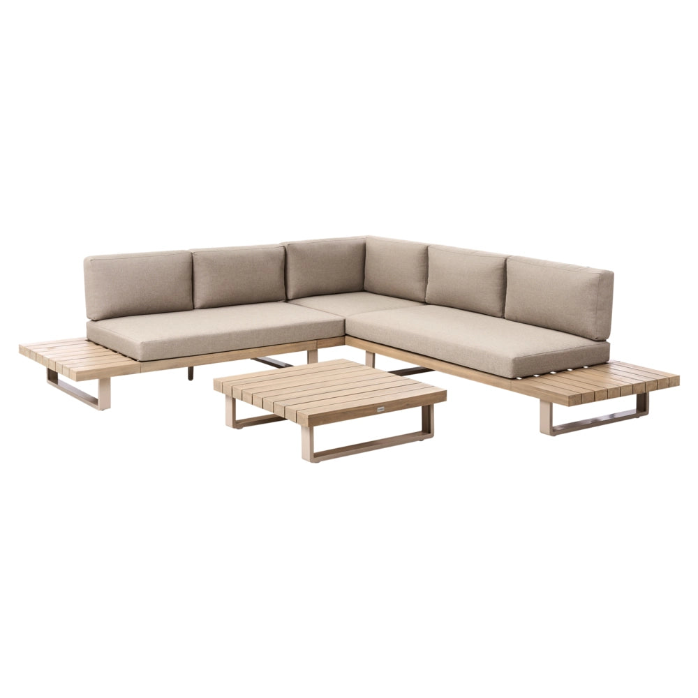Set di divani angolari da giardino color taupe e marrone chiaro 5 posti a sedere bassi con tavolino da caffè