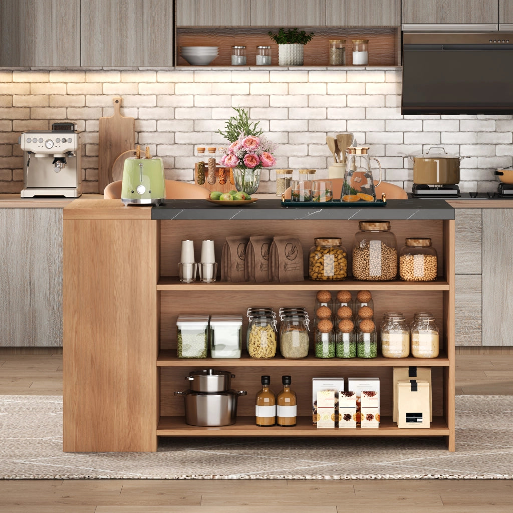 ISOLA CUCINA con vano bar 140x60x90 cm MDF nero effetto marmo e rovere