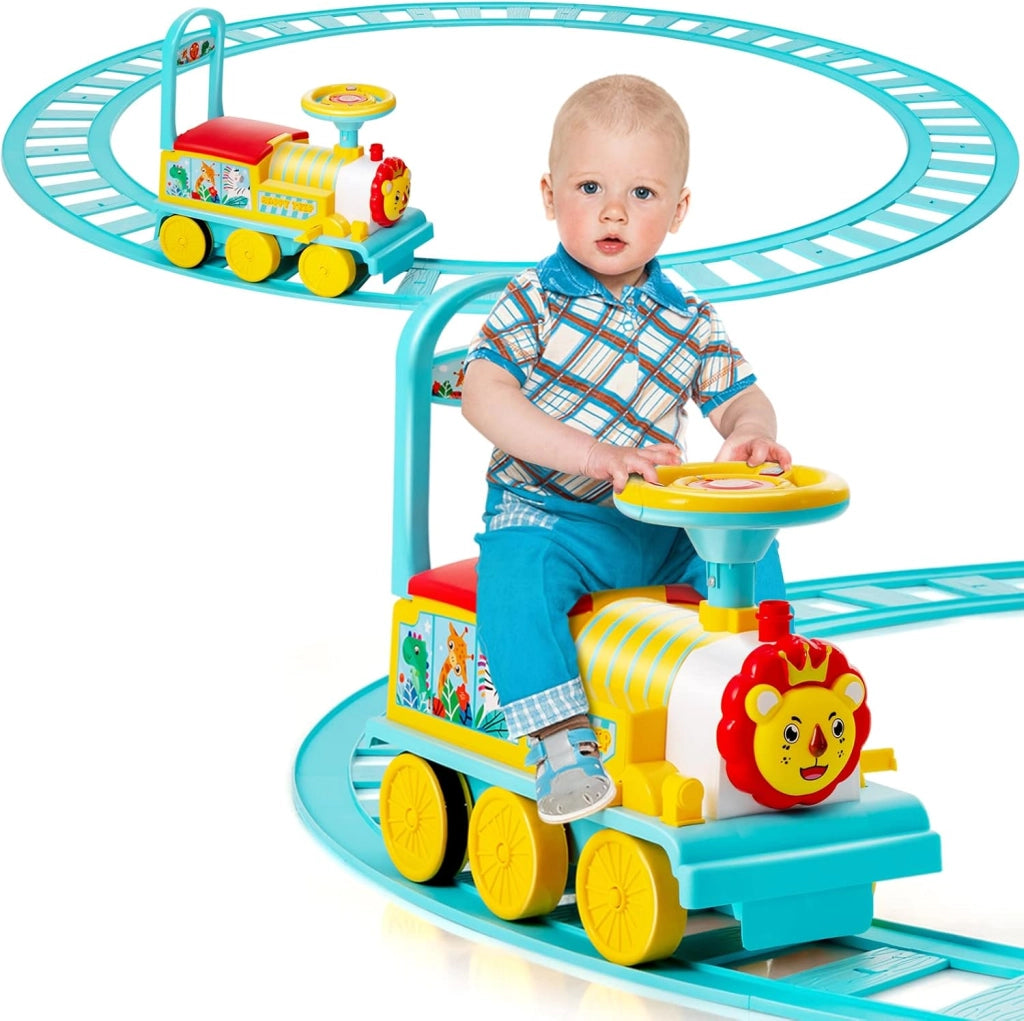 Trenino Elettrico per Bambini, Treno Giocattolo con 16 Pezzi di Binari, con Luci e Suoni, Scatola di Stoccaggio, Regalo per Bambini Anni 3+ (Blu)