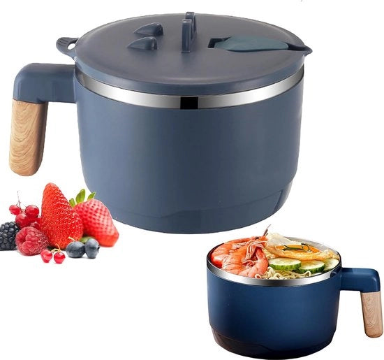 Ramenkom instant, acciaio inossidabile, ciotola di zuppa giapponese, 1000 ml, doppio isolato, chiuso ermeticamente, ciotola per pasta con coperchio, impermeabile, ciotola per instant noodles, servizio (blu)