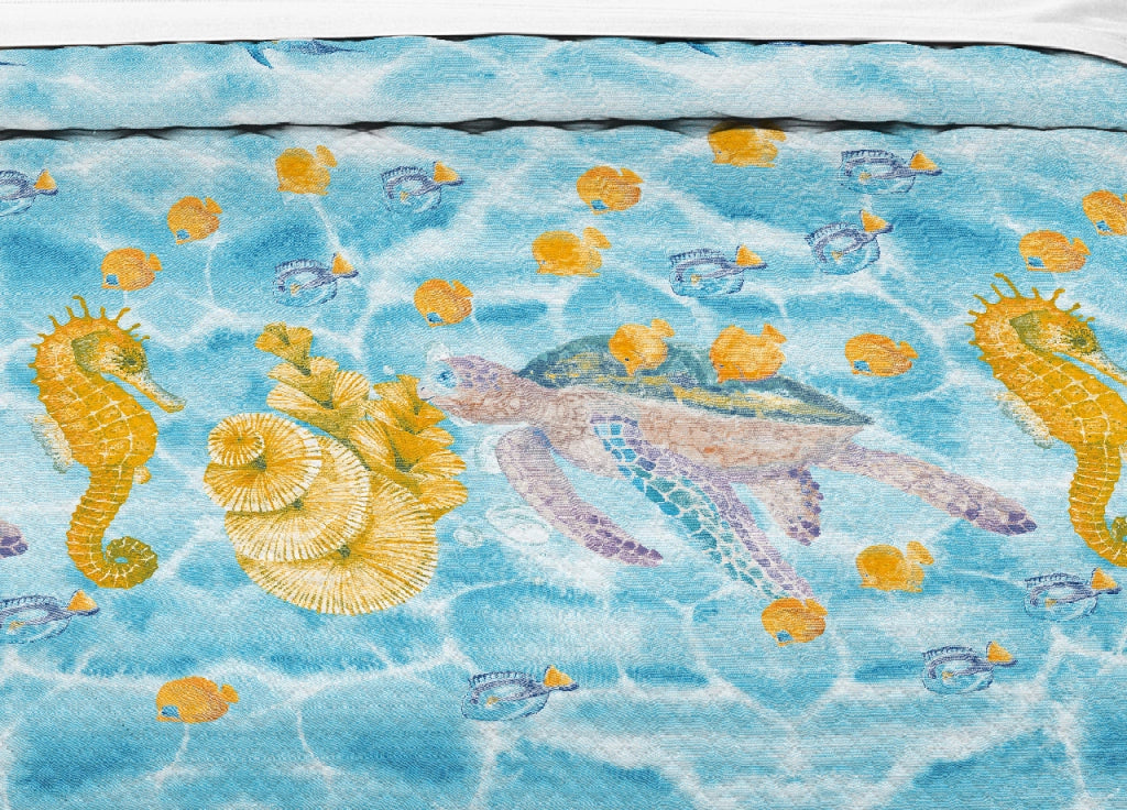 Copriletto Piquet Primavera Estate 100% Cotone Disegno Sea Life - Matrimoniale - Azzurro