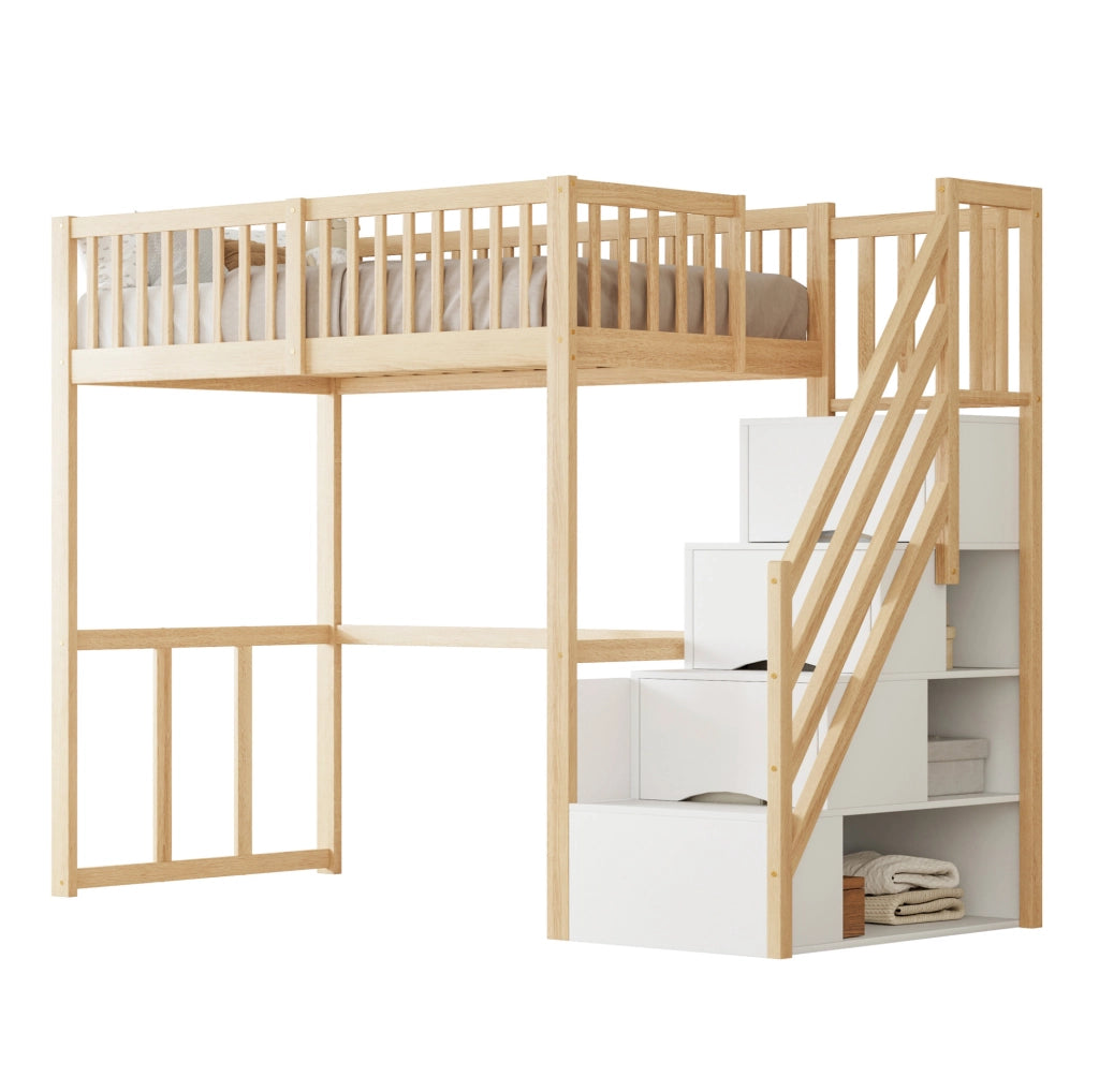 Letto a soppalco 90x200 cm con scale contenitore e scrivania; in legno color naturale