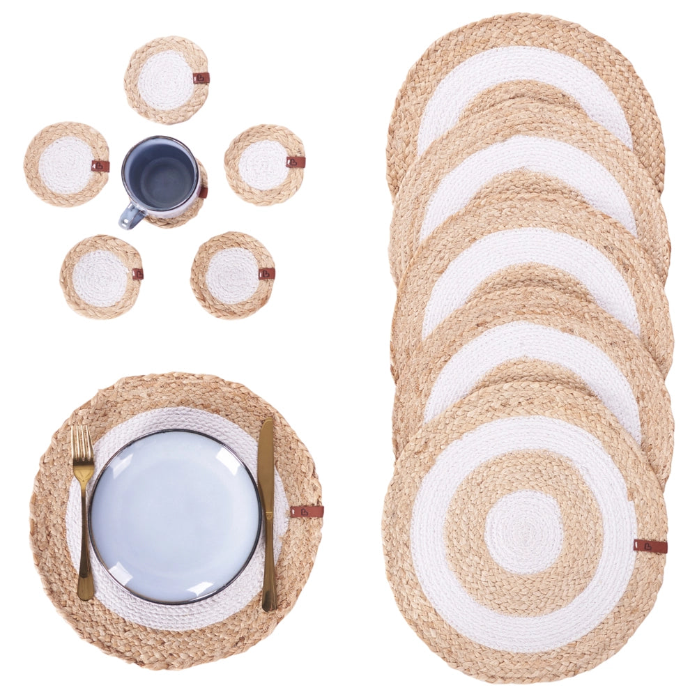 Set di 12 tovagliette e sottobicchieri rotondi in juta di cotone naturale fatti a mano 35/10 cm naturale stile boho