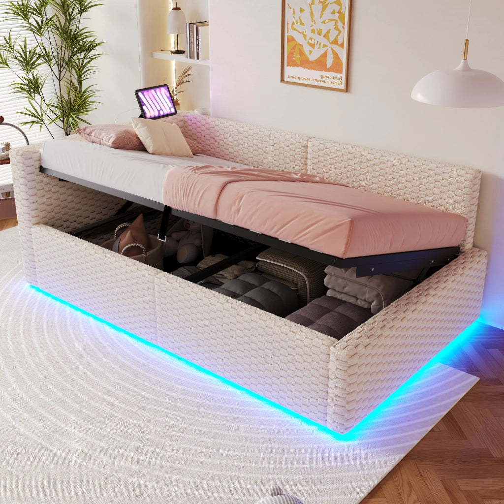 Letto imbottito singolo 90×200 cm con contenitore; LED; USB e Type-C; senza materasso; velluto; beige