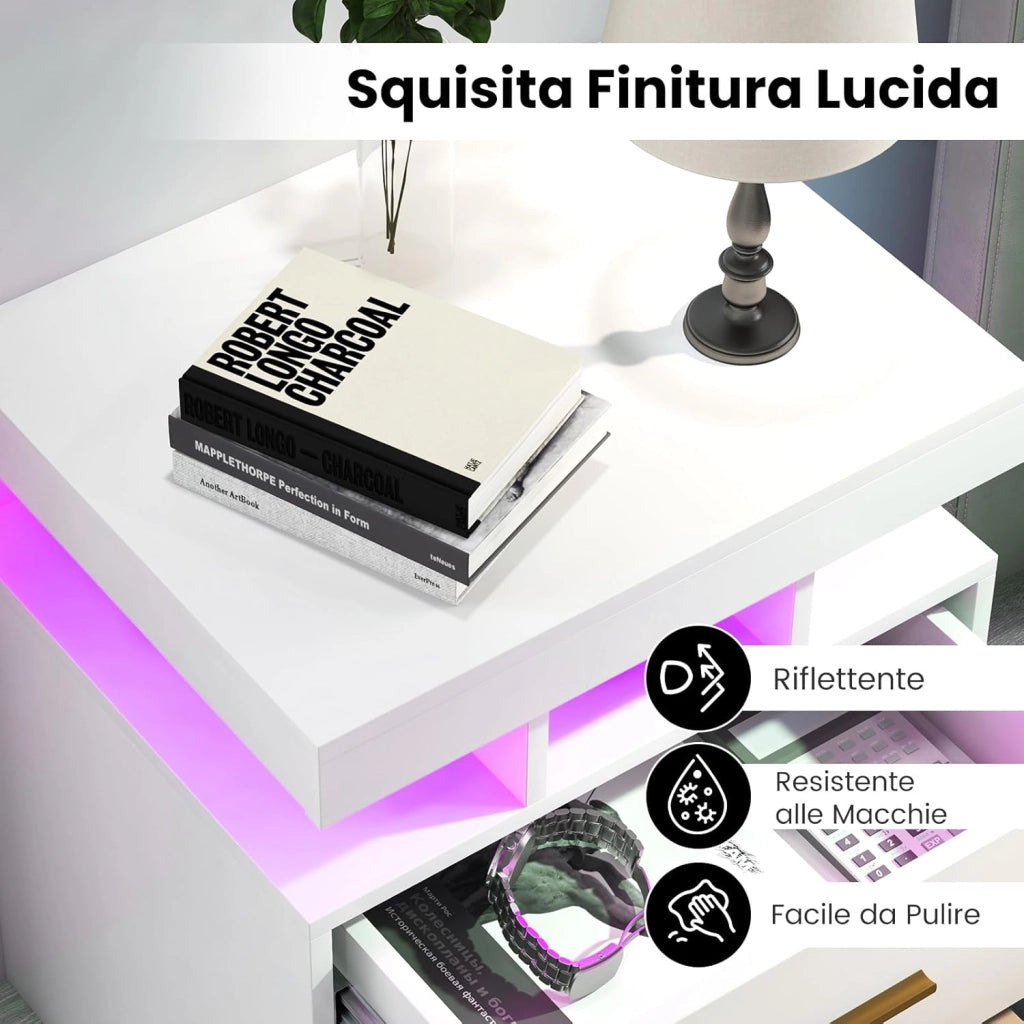 Comodino con Luci LED 50x40x58cm, Tavolino Camera da Letto Moderno con 2 Cassetti, Mobile Cameratta con Telecomando per Soggiorno e Ufficio (Bianco)