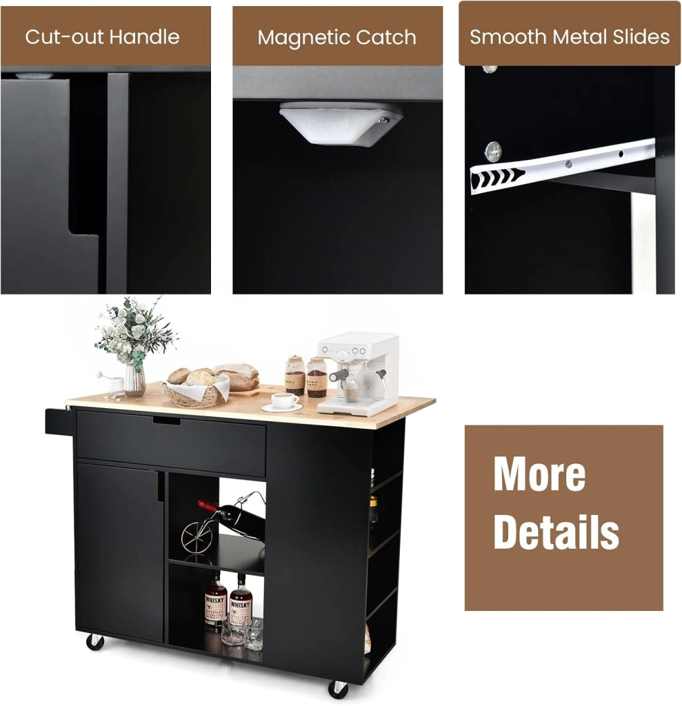 Carrello da Cucina a Isola in Legno, Carrello di Servizio con Piano di Lavoro Estraibile, Mobile da Cucina con Cassetto, Ripiano Regolabile, Carrello da Cucina a Isola (Nero)
