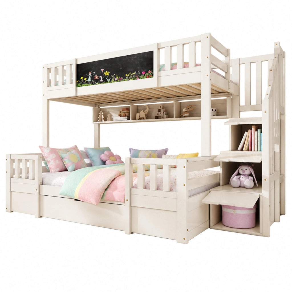 Letto a castello per 3 persone con lavagna; scala contenitore e cassetti; 253x145x150 cm; bianco