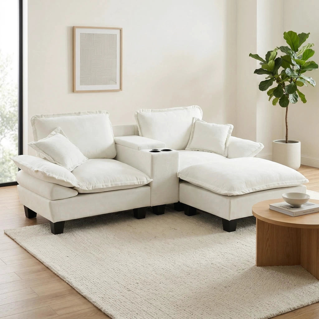 Divano modulare a L con contenitore, portabicchieri e porta USB in chenille beige 224 × 151 × 90 cm