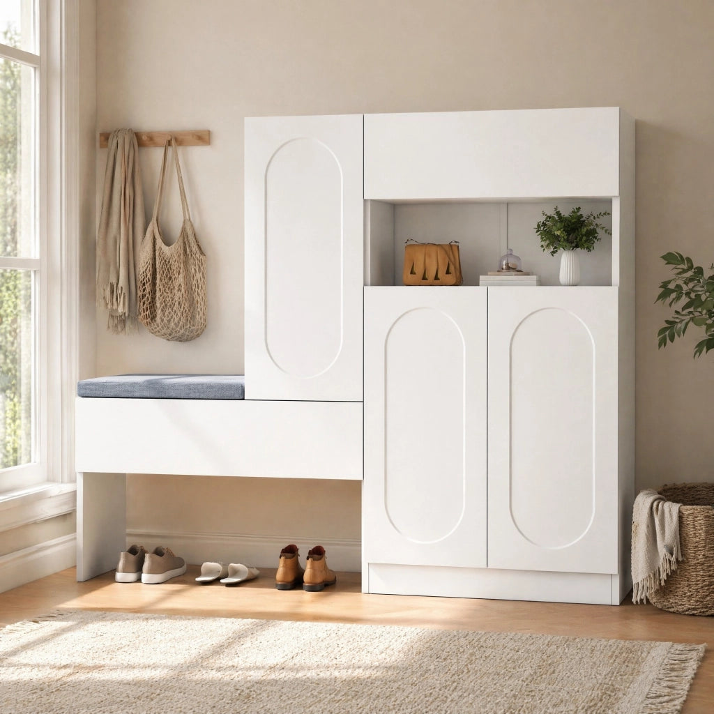 Scarpiera con panca 2 in 1 con ante curve; 130x35x110 cm; bianco; in truciolare