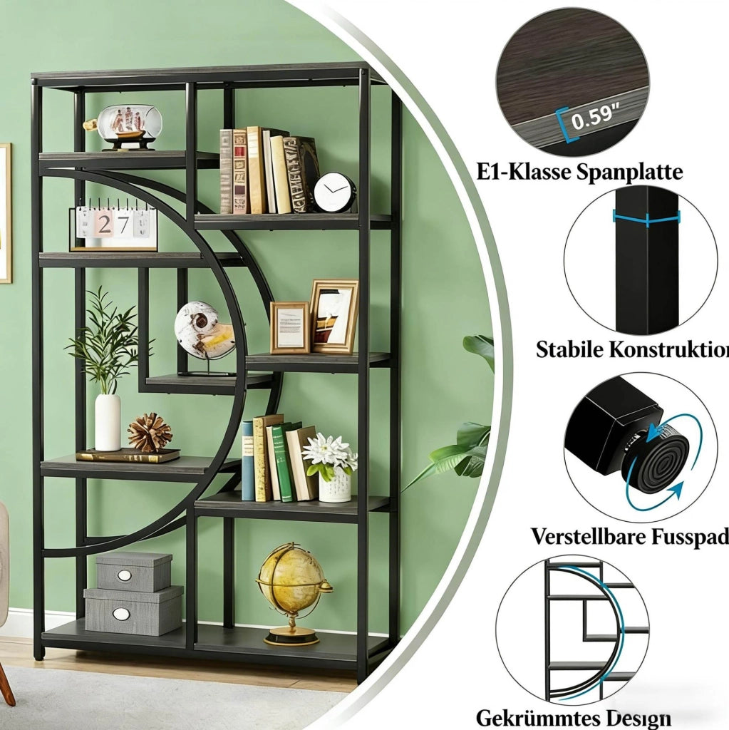 Libreria moderna in metallo nero con mensole rustiche, 9 ripiani aperti, versatile e autoportante