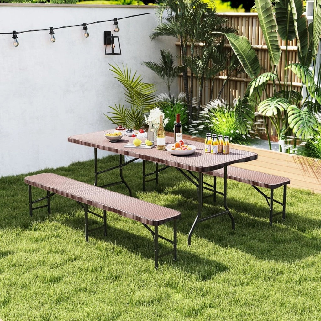 Panca pieghevole in plastica da 180 cm con finitura legno, Sedile portatile pieghevole a met¨¤ con capacit¨¤ di 600 kg Marrone