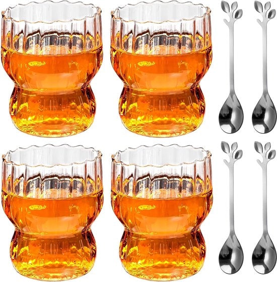 Set di 4 bicchieri con rivestimento a griglia per caffè e dessert, 300 ml - inclusi cucchiai - bicchieri per latte, tè, gelato e latte in stile origami