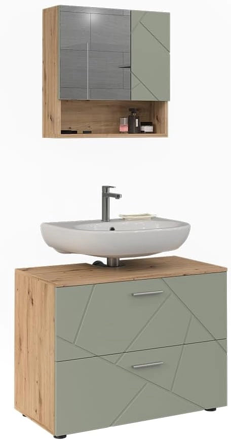 Set di mobili da bagno Irma, Verde salvia, 80 cm, composto da specchio da bagno e mobile sottolavabo
