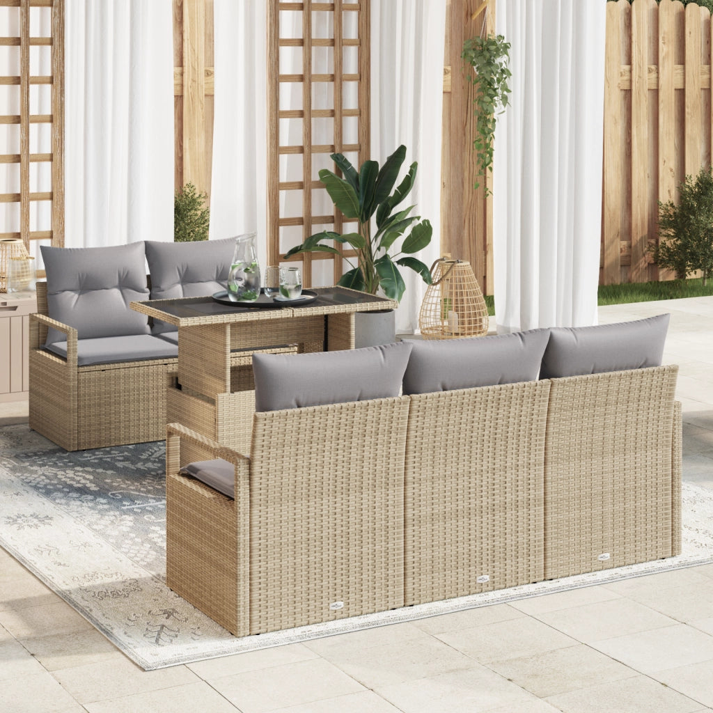 Set Divano da Giardino  6 Pezzi con Cuscini Beige in Polyrattan