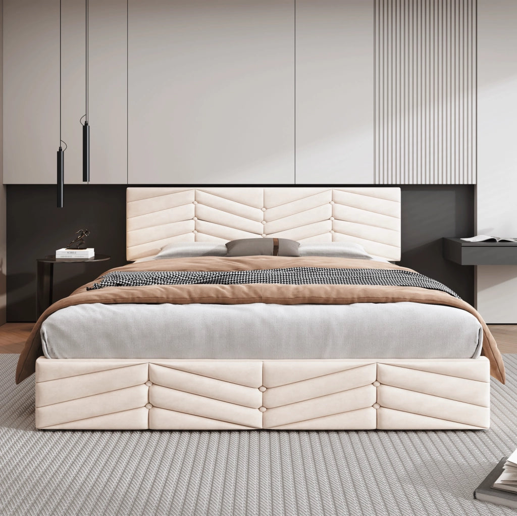 Letto imbottito beige 140 x 190 cm con rete a doghe e testiera regolabile
