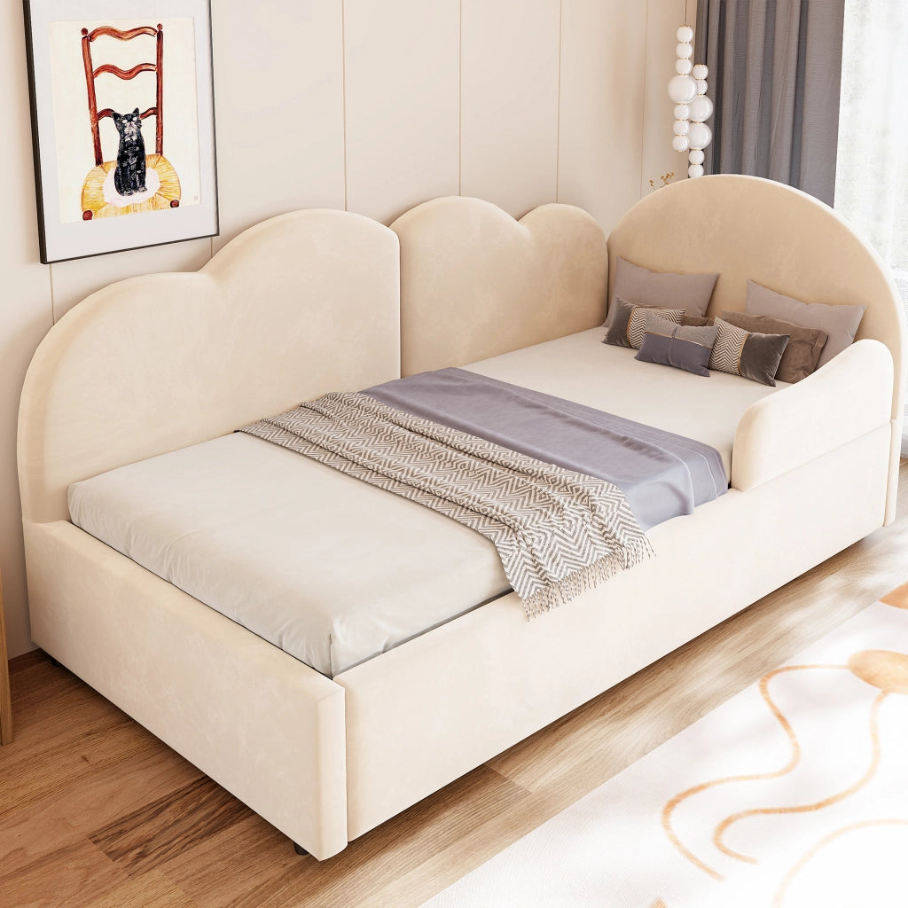 Letto imbottito a scomparsa a L con testiera a forma di nuvola in velluto beige per camera da letto e ospiti
