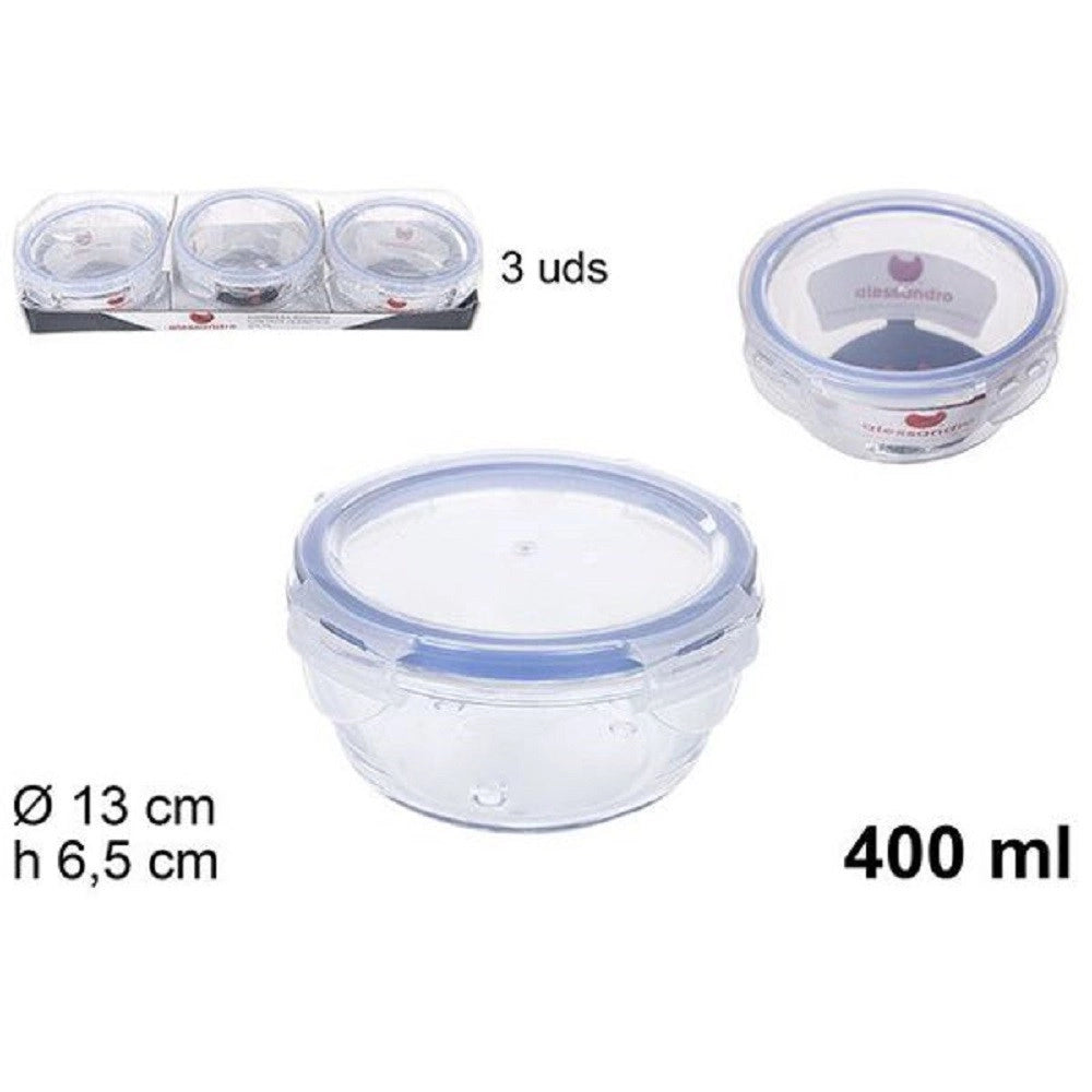Trade Shop - Set 3 Pezzi Contenitori Per Alimenti In Vetro Con Coperchi Plastica 400ml 110548 -