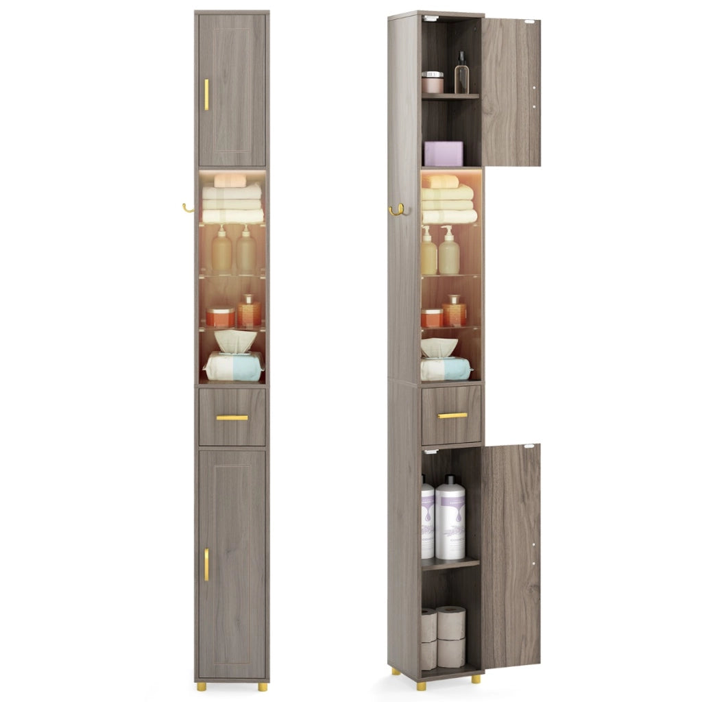 Mobiletto da bagno 181 cm organizzatore con 2 ante ripiani regolabili, Mobiletto da bagno 3 ripiani vetro temperato Grigio-Armadietti da bagno