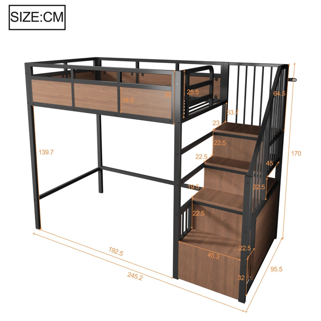 Letto a soppalco in metallo 90x200 cm con scala contenitore reversibile, LED e pannelli effetto legno, nero