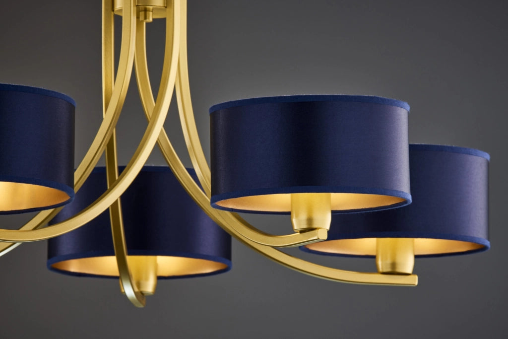 Lampadario oro a catena, paralumi blu 5xE27 Arthur Jupiter