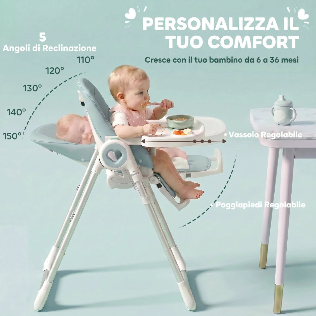 Seggiolone Pappa Pieghevole per Bambini 6-36 Mesi, Altezza Regolabile, Doppio Vassoio Lavabile e Ruote, Verde