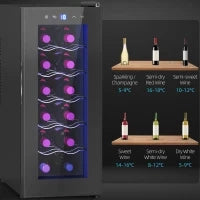 Cantinetta Frigorifero per 12 Bottiglie con Doppio Controllo Temperatura, Ripiani Regolabili e Luci, Nero