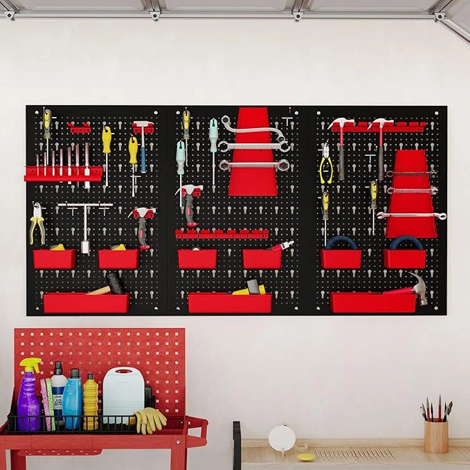 Pannello Forato da Muro, Organizzatore con 9 Contenitori, Supporti per Martelli, Portautensili e Ganci, Ideale per Garage e Officina (Rosso)