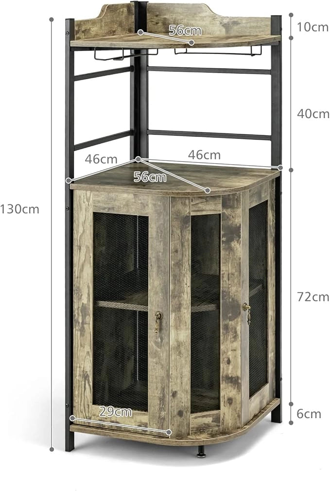 Mobile Bar Angolare, Mobiletto Multiuso con Porta Bicchieri, 2 Porte Ventilate in Rete Metallica e Ripiano Regolabile, per Cucina, Sala da Pranzo e Soggiorno (Marrone Rustico)