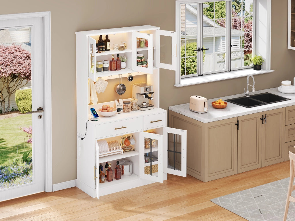 Credenza da cucina con LED smart, 2 cassetti, 3 ante e ripiani regolabili, bianco