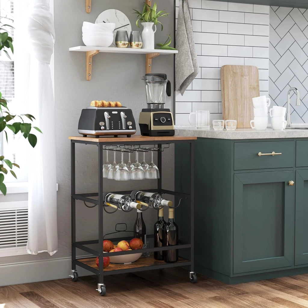 VASAGLE Carrello da Cucina, Carrello Portavivande, Scaffale da Cucina con Ruote, Porta Bicchieri e Bottiglie, 40 x 60 x 82 cm, Stile Industriale, Marrone Vintage e Nero LRC087B01