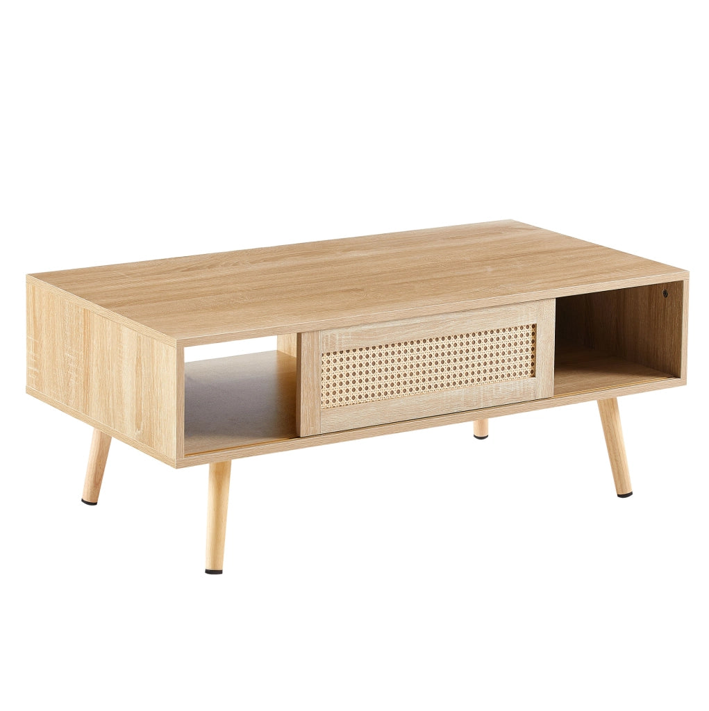 Tavolino da caffè con porta scorrevole; gambe in legno; effetto rattan; MDF; naturale