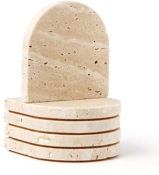 Set di Sottopiedini in Pietra Naturale, Bianco Travertino, 5 pezzi con Base in Cuoio, Sottopiedini Assorbenti per Tazze da Tè, Caffè, Calici da Vino, Idoneo per Casa, Bar e Ufficio (DL020)