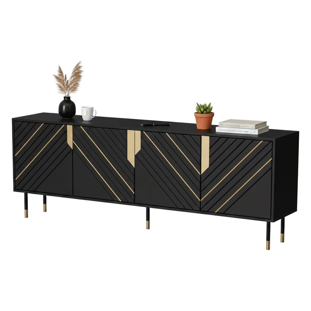 Credenza Landiona, Madia da salotto con quattro ante battenti e vani interni, Rialzata da terra, 204x40 h72 cm, Nero e Oro