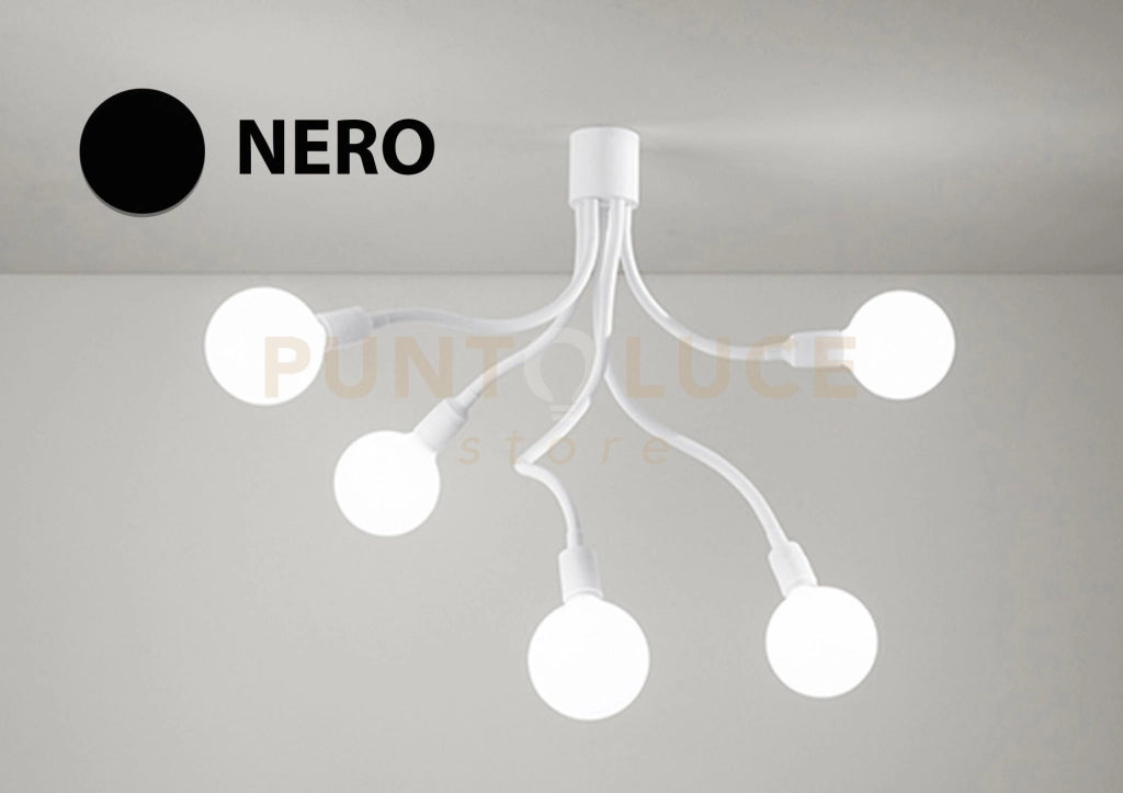 Lampadario a soffitto in metallo e gomma nero Bulbo 5 luci attacco E27