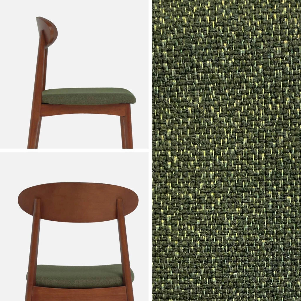 Set 2 sedie vintage in legno di hevea noce e tessuto, verde kaki