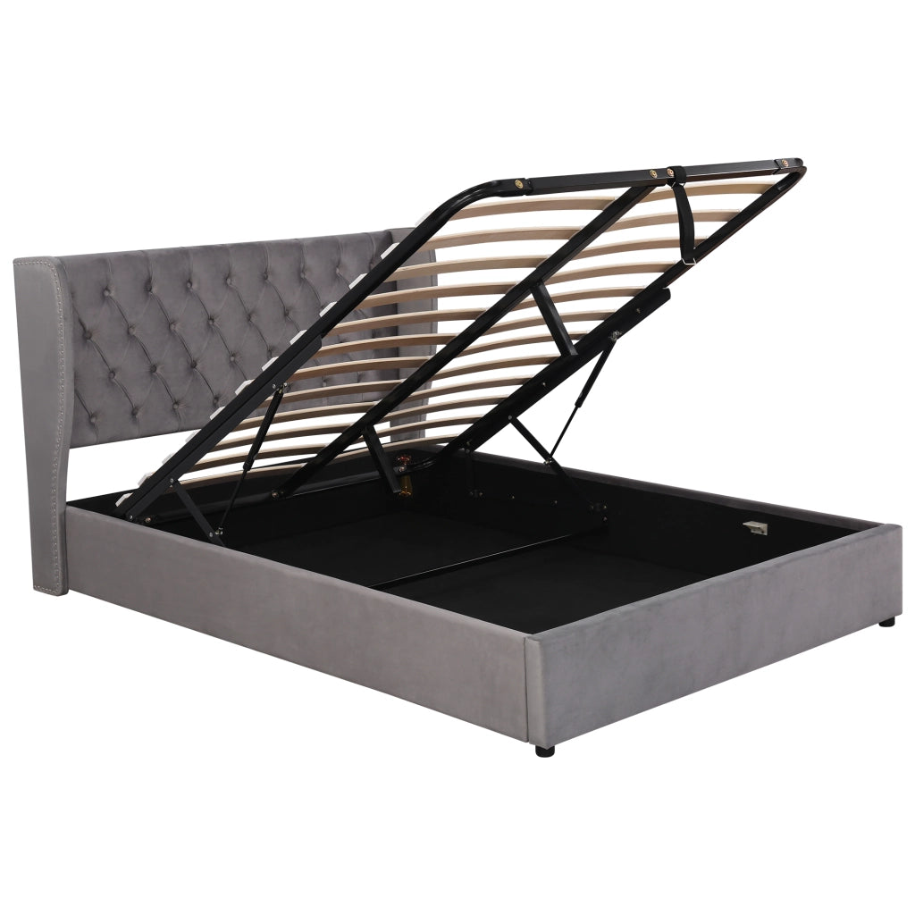 OKWISH Letto Contenitore 140×190 cm, Letto Matrimoniale con Sollevamento Idraulico, Testiera Imbottita e Borchie, senza Materasso, Velluto, Grigio