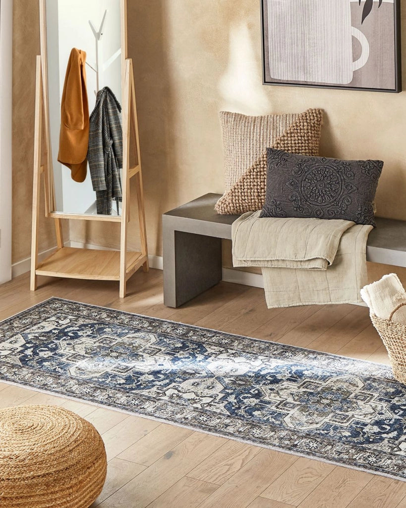 Tappeto passatoia grigio e blu poliestere 80 x 240 cm decorazioni orientali invecchiate per soggiorno camera da letto