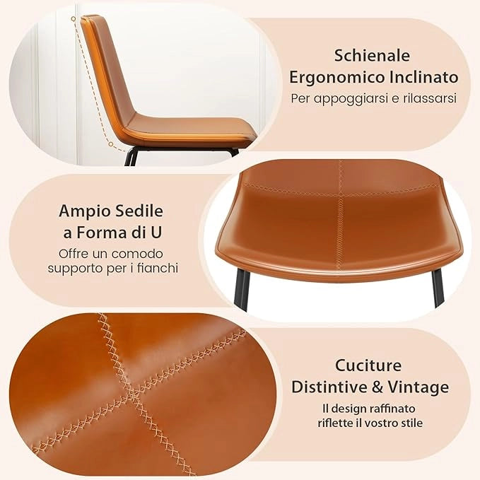 Set di 2 Sedie per Sala Pranzo con Schienale e Seduta Imbottita in Ecopelle, Sedia per Cucina con Gambe in Metallo, Sedia Vintage Comfortevole per Soggiorno, Capacità di 130 kg, Marrone