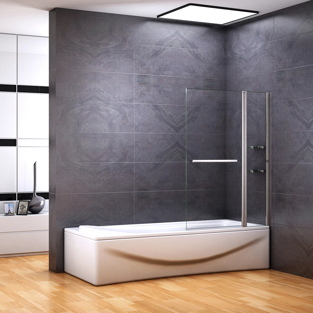 100x140 cm Sopravasca Parete Doccia Per Vasca Girevole 180° Vetro Temperato 6mm Trasparente Inclusi Due Ripiani Maniglia Portasciugamani Telaio Cromo Lucido