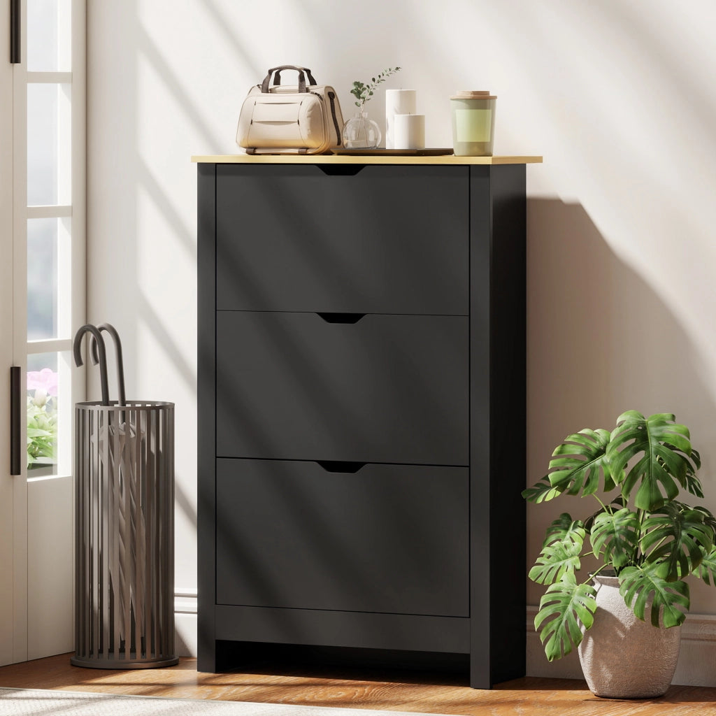 Armadio per Scarpe 3 Ante Abattanti 2 Compartimenti ¨C zephmum ¨C Nero Rovere