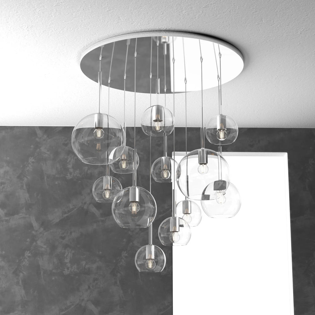 Lampadario Contemporaneo Future Metallo Cromo Vetro Mix Trasparente 12 Luci E27