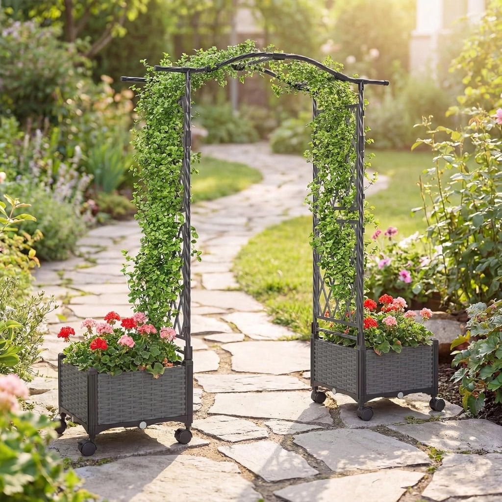 Fioriera Rialzata con Graticcio e Tetto, Irrigazione Automatica e Ruote Bloccatili, Letto da Giardino Rialzato in Rattan Impermeabile per Piante Rampicanti, Fiori ed Erbe (Grigio)