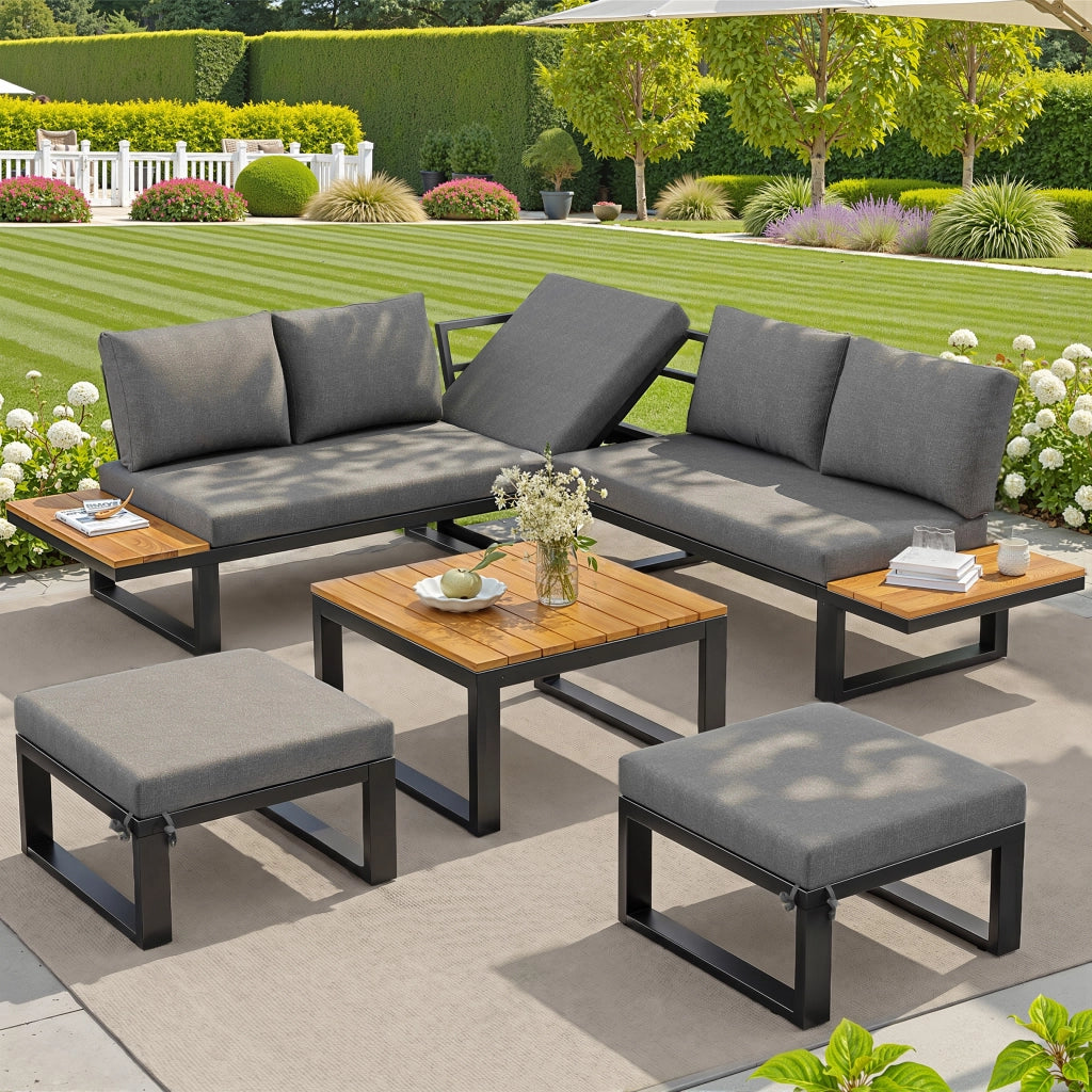 Set Lounge Divano Angolare da Giardino Esterno 6 Pezzi con Tavolino e Cuscini ¨C MINIMAL ¨C Acciaio, Grigio/Beige