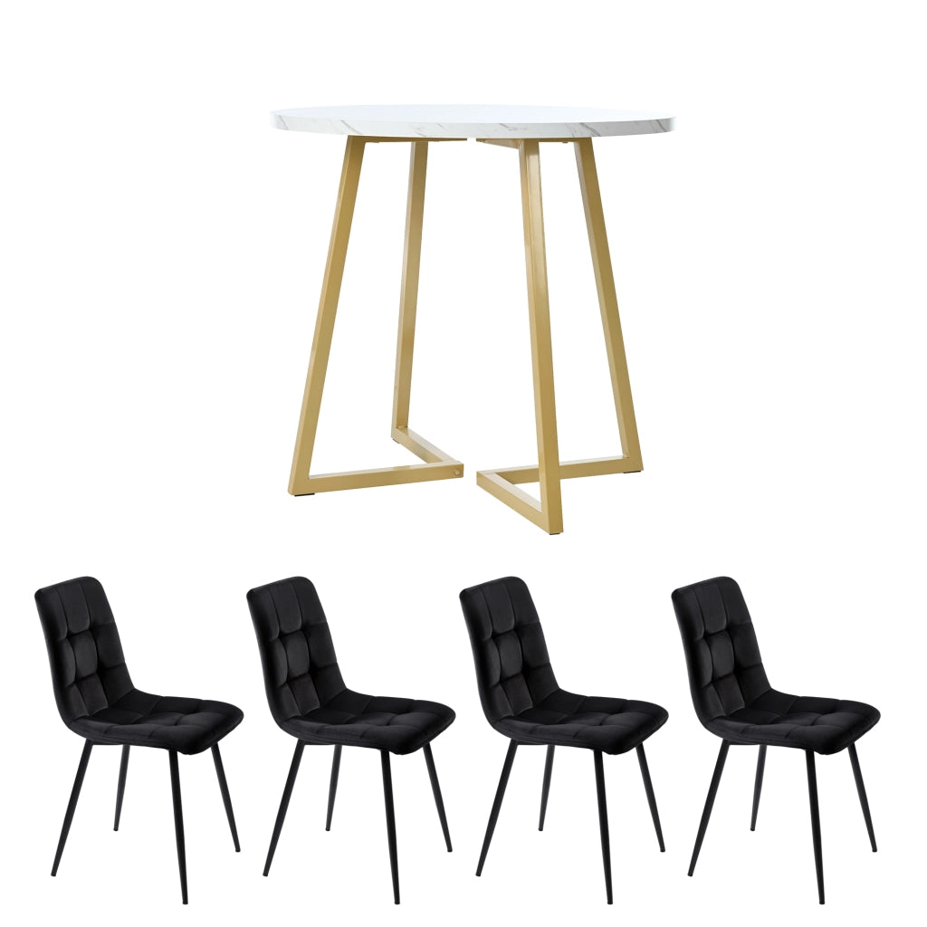Tavolo da pranzo per 4 persone con 4 sedie in velluto, piano rotondo effetto marmo, base in metallo, 80 cm