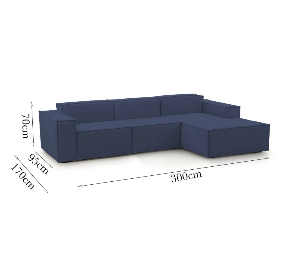 Divano fisso Ananas, Divano componibile a 3 posti con penisola destra, Made in Italy, SofÒ  moderno in tessuto, Cm 300x170h70, Blu
