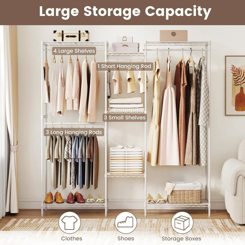 Appendiabiti asino convertibile, armadio per biancheria aperto con 7 ripiani regolabili e 4 aste per appendere, telaio in metallo, 188 x 46 x 198 cm, organizer per vestiti carico max. 530 kg