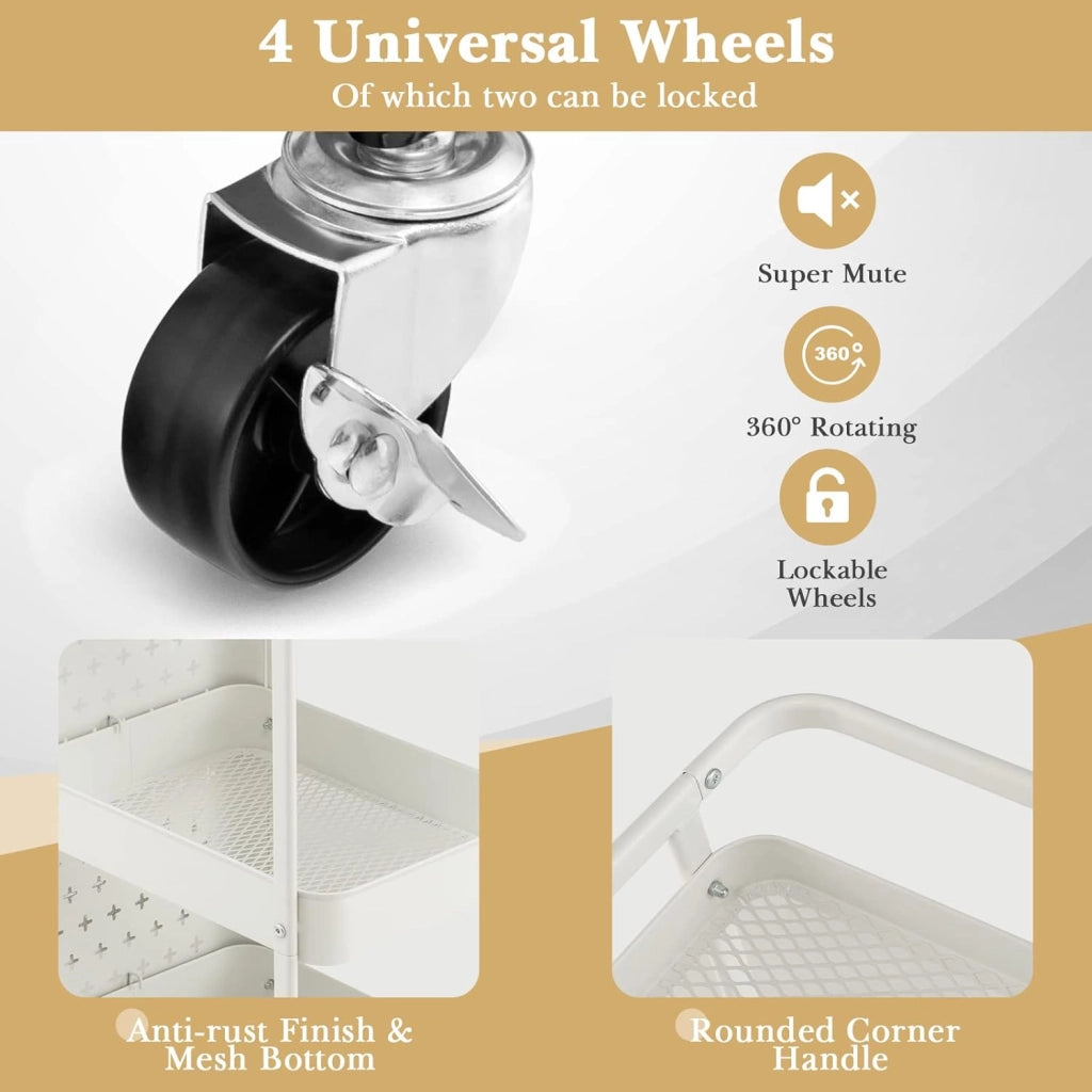 Carrello Mobile in Metallo a 3 Livelli, Carrello con Bordo di Pin, Cestini di Stoccaggio, Ganci, Carrello di Servizio con 4 Ruote, per Cucina, Bagno, Ufficio, 52x33x75cm
